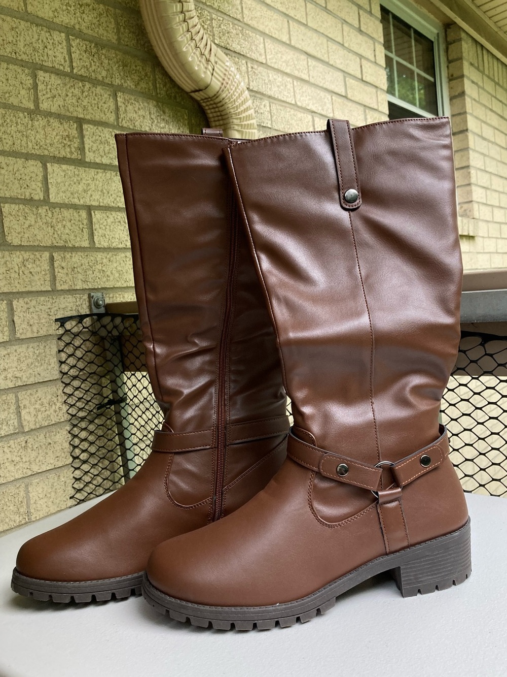 Olivia Miller Tall Brown Boot Omra High Shaft Faux Leather Harness Boot Size 9